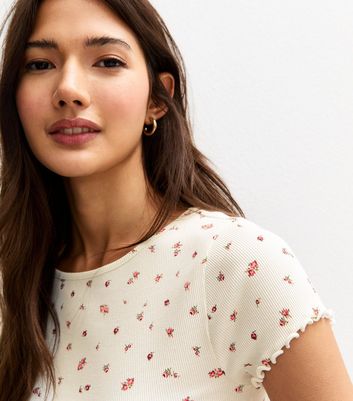 Off White Ditsy Print Ribbed Lettuce Hem T-Shirt