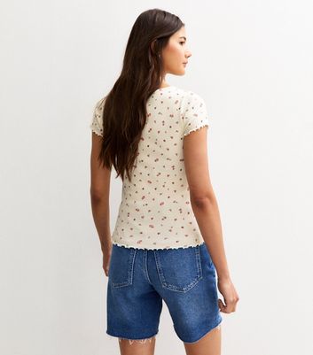 Off White Ditsy Print Ribbed Lettuce Hem T-Shirt