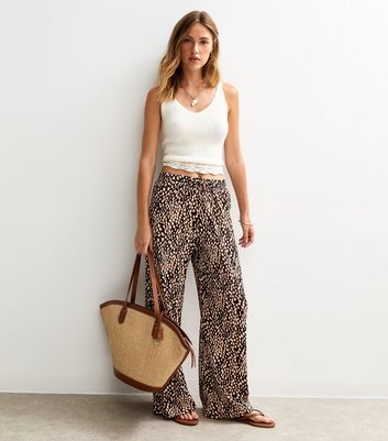 Brown Printed Textured Wide Leg Trousers