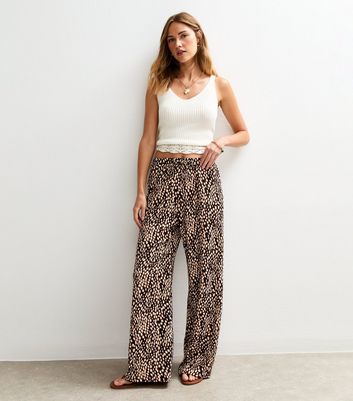 Brown Printed Textured Wide Leg Trousers