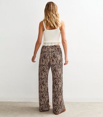Brown Printed Textured Wide Leg Trousers