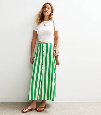 Green Stripe Print Poplin Button Front Midi Skirt