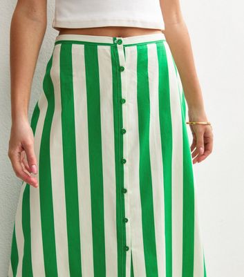 Green Stripe Print Poplin Button Front Midi Skirt