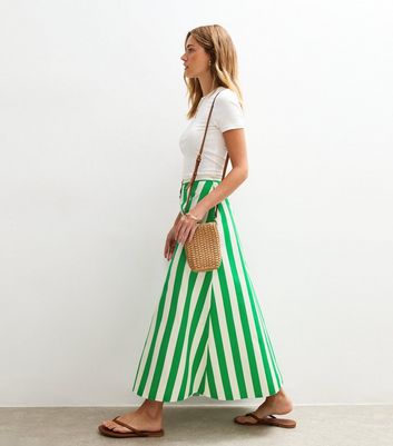 Green Stripe Print Poplin Button Front Midi Skirt