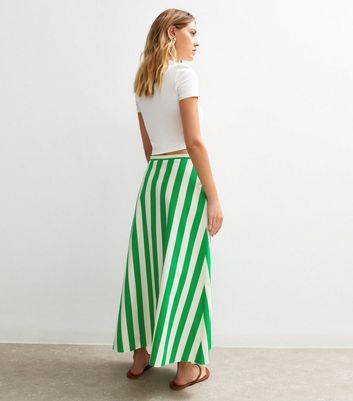 Green Stripe Print Poplin Button Front Midi Skirt