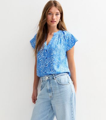 Blue Crepe Flutter Sleeve Printed Shirt