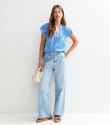 Blue Crepe Flutter Sleeve Printed Shirt