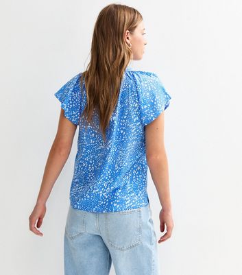 Blue Crepe Flutter Sleeve Printed Shirt