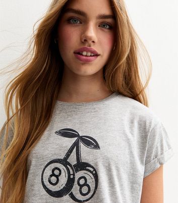 Girls Grey Roll Sleeve Lucky Eight Print T-Shirt
