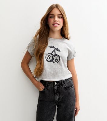 Girls Grey Roll Sleeve Lucky Eight Print T-Shirt