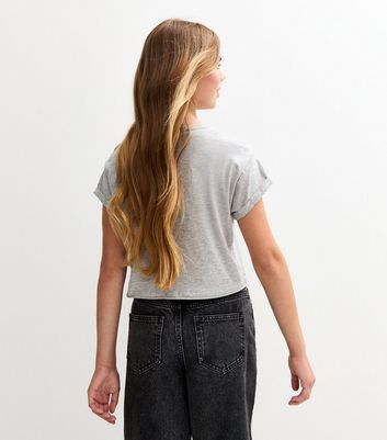 Girls Grey Roll Sleeve Lucky Eight Print T-Shirt