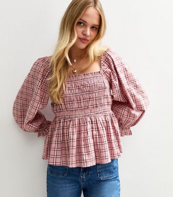 Pink Shirred Checked Frilly Trim Top