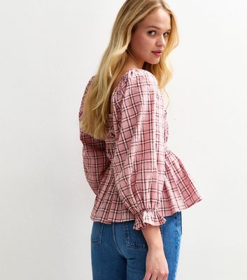 Pink Shirred Checked Frilly Trim Top 4 Pink Shirred Checked Frilly Trim Top