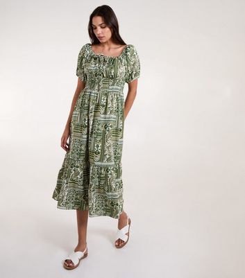Blue Vanilla Green Printed Square Neck Midi Dress