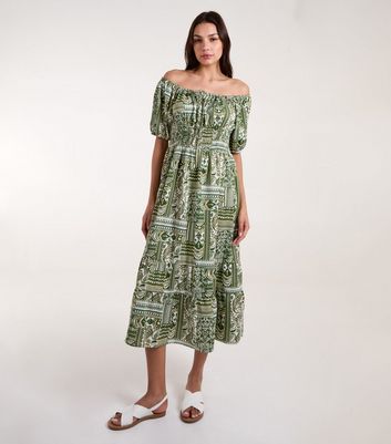 Blue Vanilla Green Printed Square Neck Midi Dress