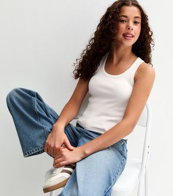 Girls White Scoop Neck Ribbed Vest Top