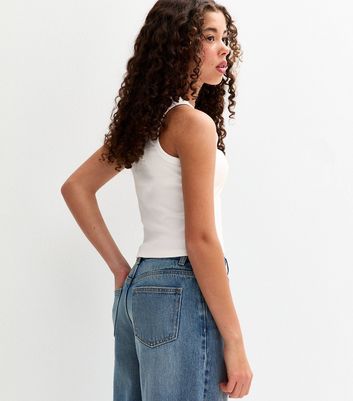 Girls White Scoop Neck Ribbed Vest Top