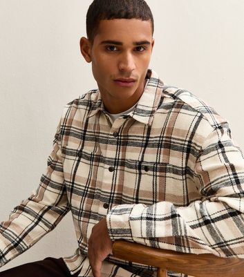 Cream Oversized Checked Long Sleeve Overshirt