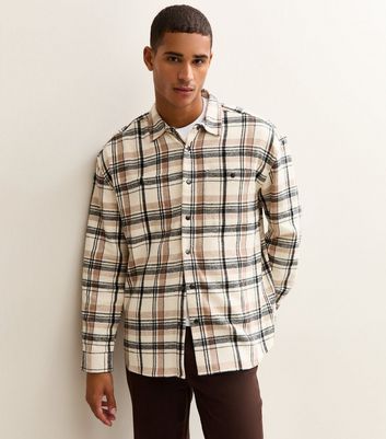 Cream Oversized Checked Long Sleeve Overshirt