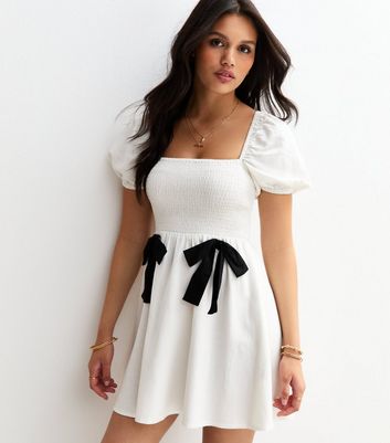 White Shirred Bow Front Mini Dress