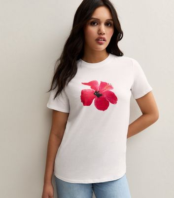 White Hibiscus Print T-Shirt