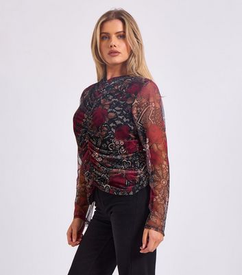 Gini London Dark Red Rose Print Ruched Mesh Top