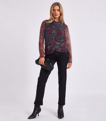 Gini London Dark Red Rose Print Ruched Mesh Top 3 Gini London Dark Red Rose Print Ruched Mesh Top