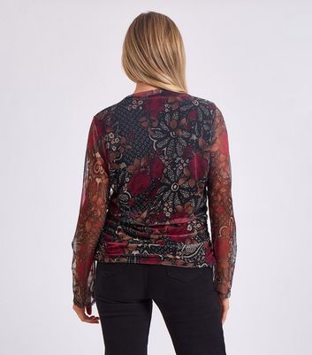 Gini London Dark Red Rose Print Ruched Mesh Top 4 Gini London Dark Red Rose Print Ruched Mesh Top