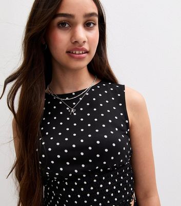 Girls Black Polka Dot Shirred Panel Vest Top
