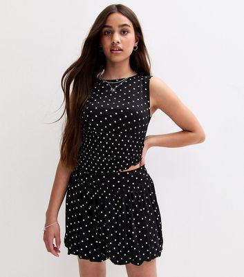Girls Black Polka Dot Shirred Panel Vest Top