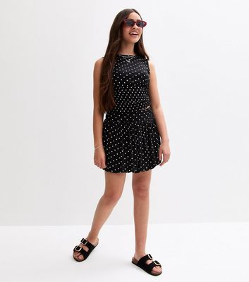 Girls Black Polka Dot Shirred Panel Vest Top 3 Girls Black Polka Dot Shirred Panel Vest Top