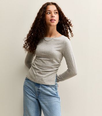 Girls Mid Grey Long Sleeve Ruched Side Slit Top