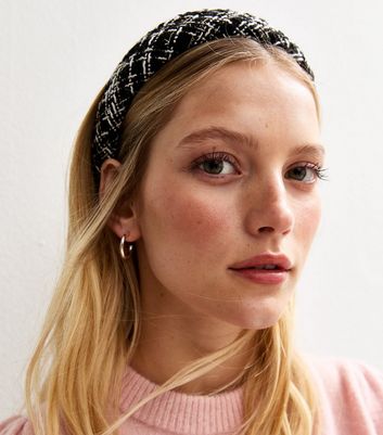 Black Checked Boucle Padded Headband