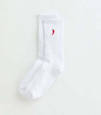 White Ribbed Chilli Embroidered Tube Socks