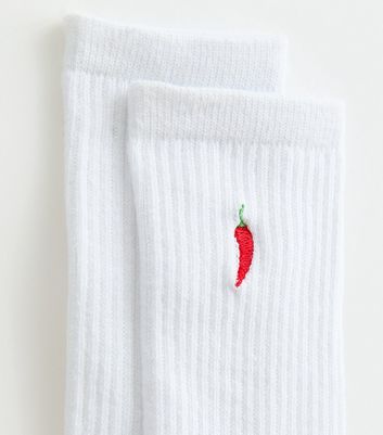 White Ribbed Chilli Embroidered Tube Socks