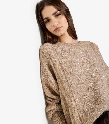 Apricot Brown Cable Knit Sequin Embellished Jumper