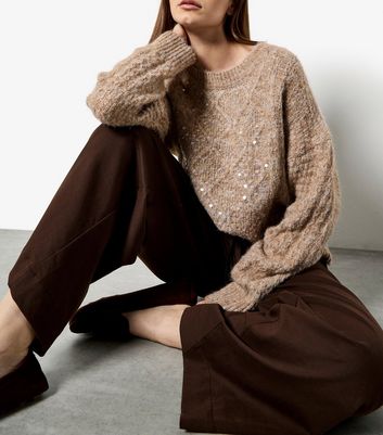 Apricot Brown Cable Knit Sequin Embellished Jumper
