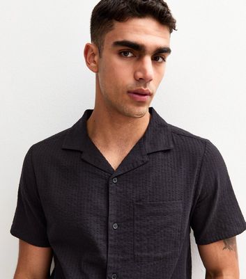 Black Relaxed Seersucker Short Sleeve Shirt