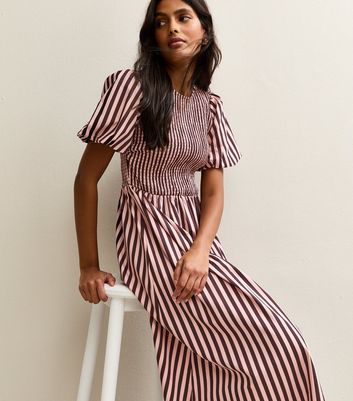 Pink Cotton Striped Shirred Midi Dress