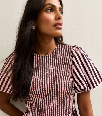 Pink Cotton Striped Shirred Midi Dress