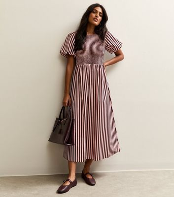 Pink Cotton Striped Shirred Midi Dress