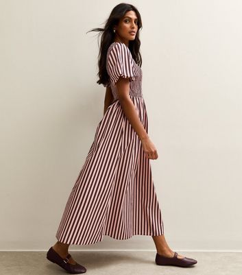 Pink Cotton Striped Shirred Midi Dress