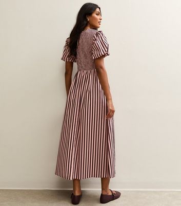 Pink Cotton Striped Shirred Midi Dress