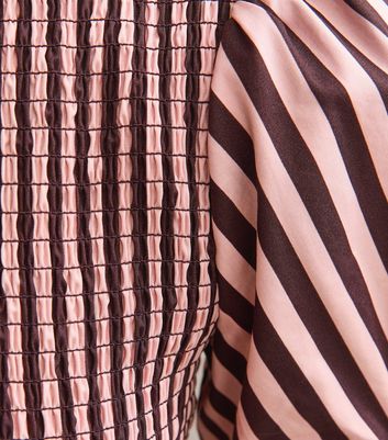 Pink Cotton Striped Shirred Midi Dress