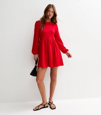 Red Crinkled Mini Smock Dress