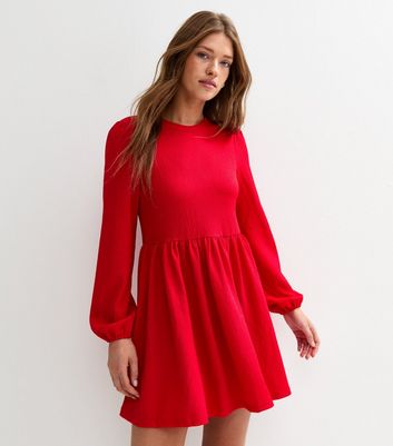 Red Crinkled Mini Smock Dress