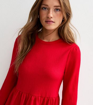 Red Crinkled Mini Smock Dress