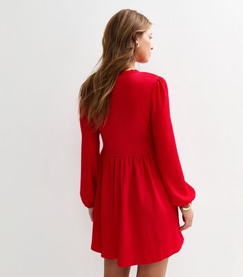 Red Crinkled Mini Smock Dress