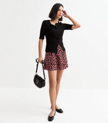 Pink Rose Print Tiered Mini Skirt