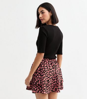 Pink Rose Print Tiered Mini Skirt